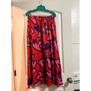 FARM Rio for‎ Anthropologie Maxi Skirt Red Blue Pink Heart Print Elastic Waist S